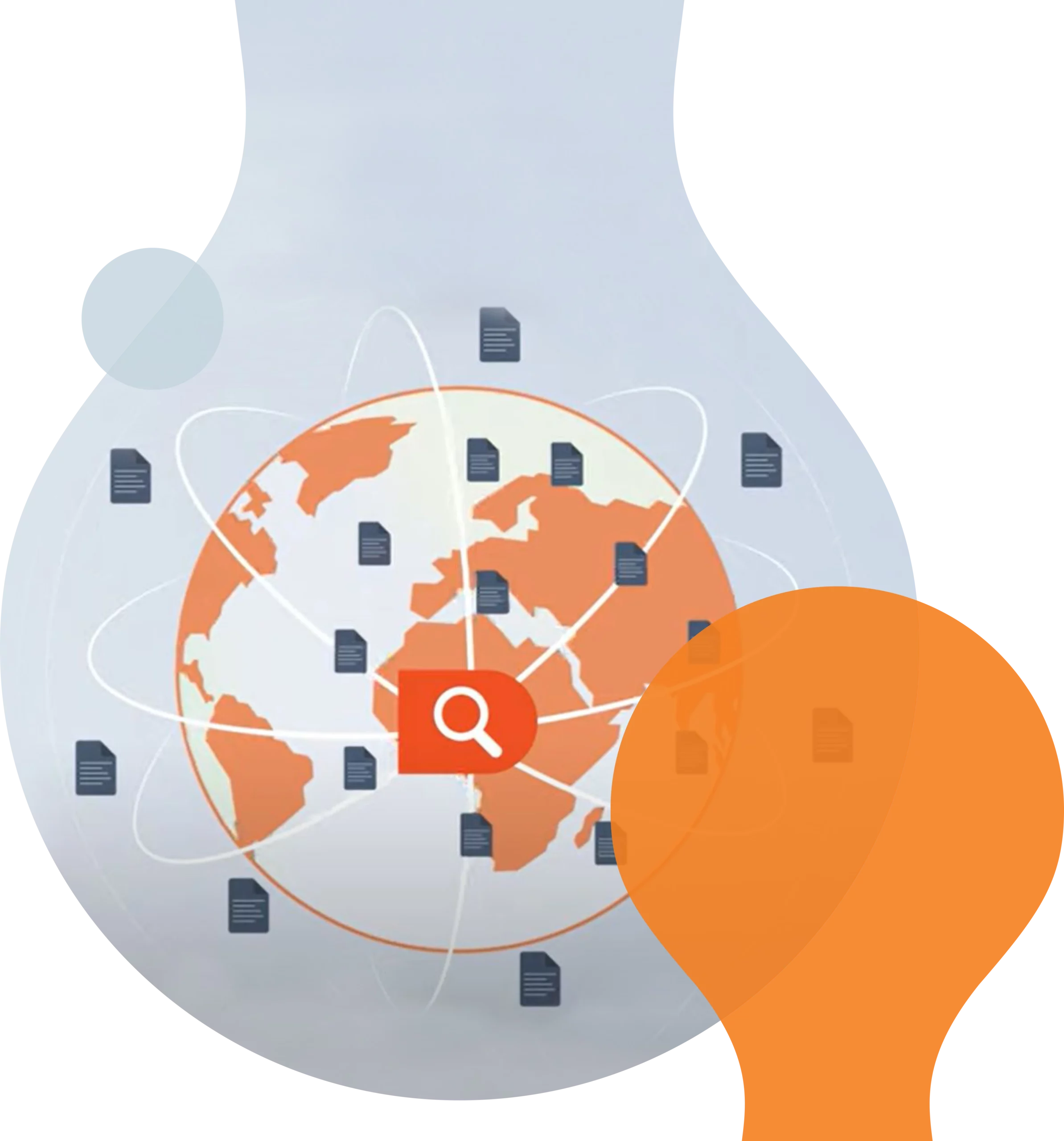 An illustration featuring an orange globe at the center, surrounded by numerous small document icons that appear to be orbiting or connected to it.