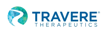Travere Therapeutics company logo featuring blue teal icon text and media details panel