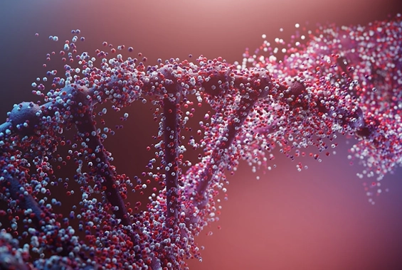 3D illustration of a DNA double helix structure with red and white molecular particles