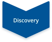 Blue chevron shape with the word "Discovery" in white text.