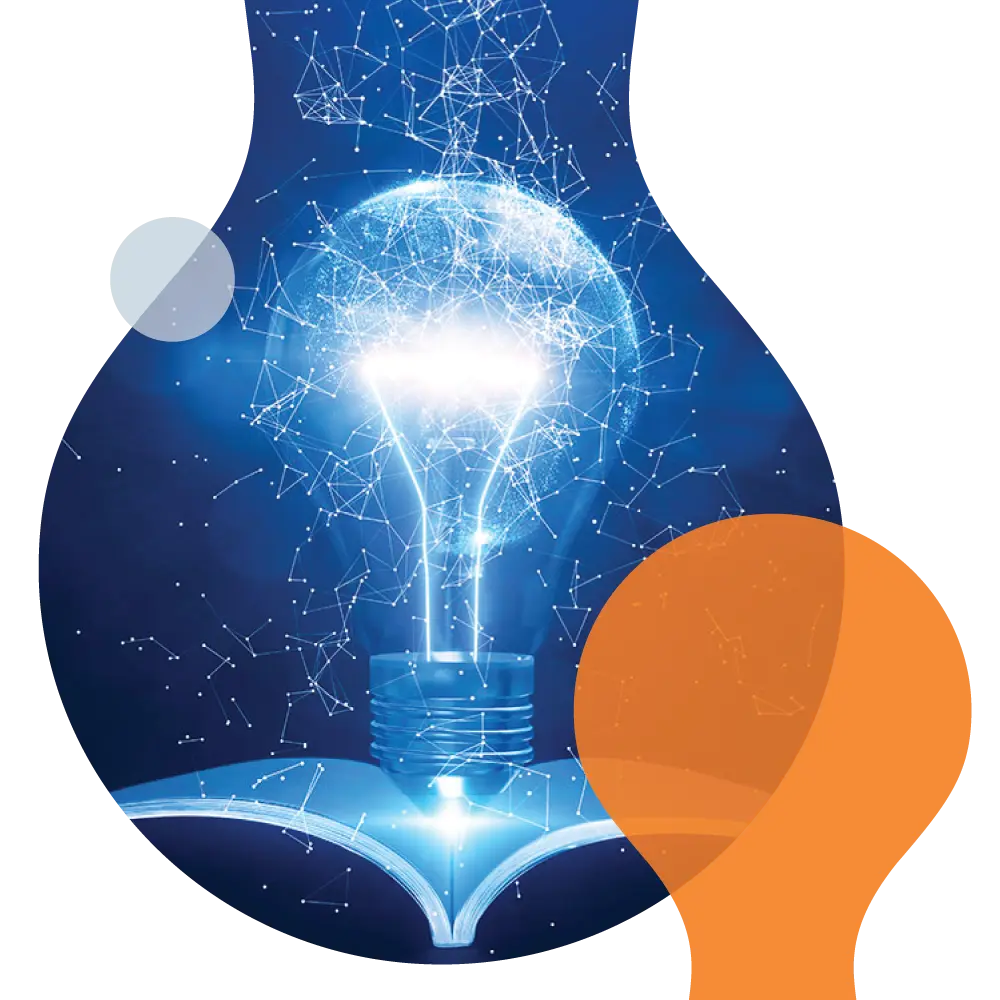 Glowing digital light bulb rising from an open book representing education and innovation.