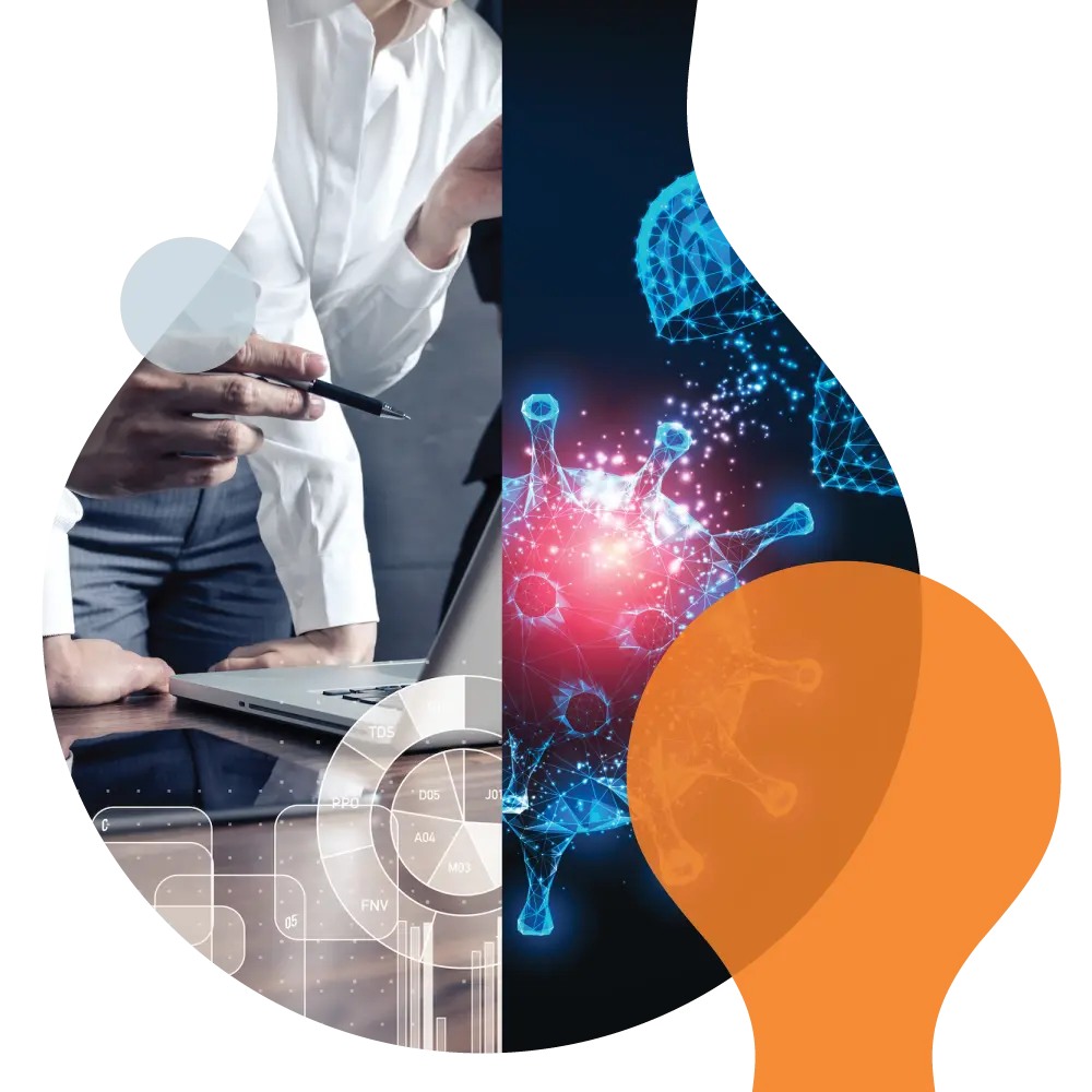 Genesis Research Group team member using a laptop with digital data overlays alongside a medical graphic illustrating a virus structure and lightbulb icon.
