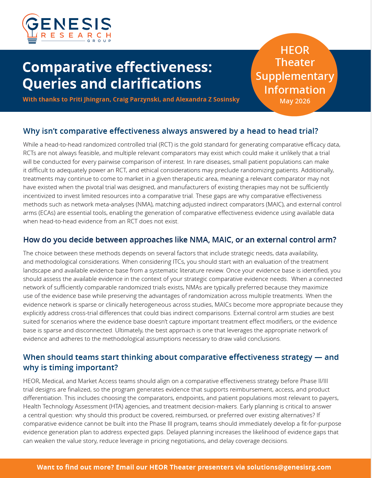 Comparative effectiveness queries and clarifications document by Genesis Research Group.