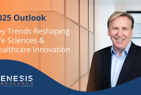 Genesis Research Group CEO David W Miller smiling in front of a 2025 Outlook banner for life sciences and healthcare innovation.